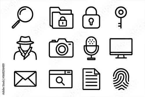 Investigative Tools Icons. Outline icon set of investigative journalism tools: magnifying glass, confidential