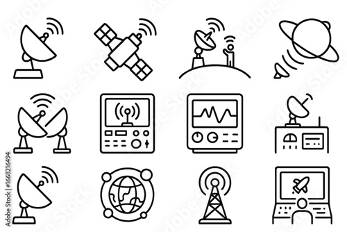 Interplanetary Communication Icons. Outline icon set of interplanetary communication systems: space antenna,