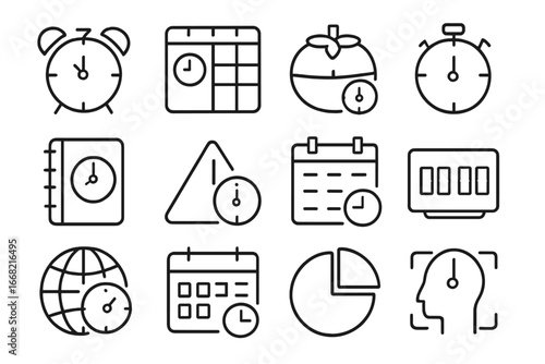Digital Time Management Icons. Outline icon set of digital time management: alarm clock, weekly planner,