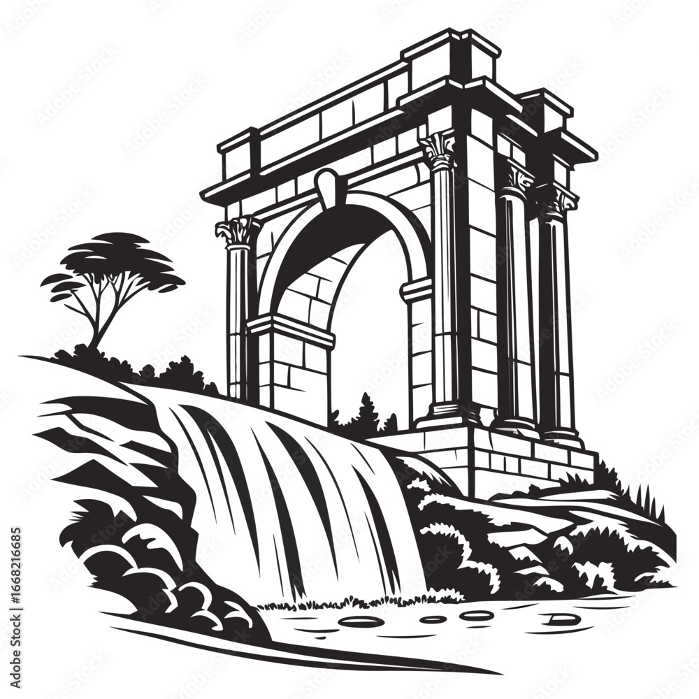 Fototapeta premium Ancient stone archway over waterfall silhouette