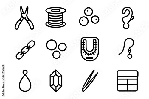 Jewelry Making Icons. Outline icon set of jewelry making: pliers, wire, beads, clasps, chain, jump rings, bead