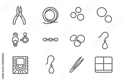 Jewelry Making Icons. Outline icon set of jewelry making: pliers, wire, beads, clasps, chain, jump rings, bead