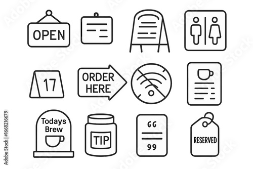 Coffee Shop Icons. Outline icon set of coffee shop signage: open sign, hours board, specials chalkboard,