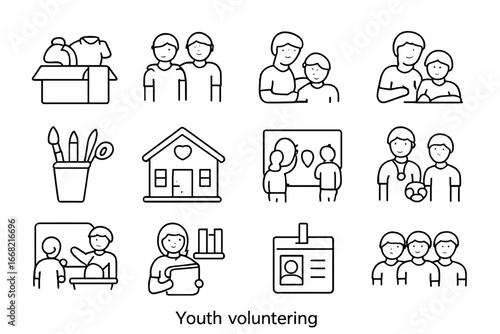 Youth Volunteering Icons. Outline icon set of youth volunteering: school drive, peer support, teen mentor,