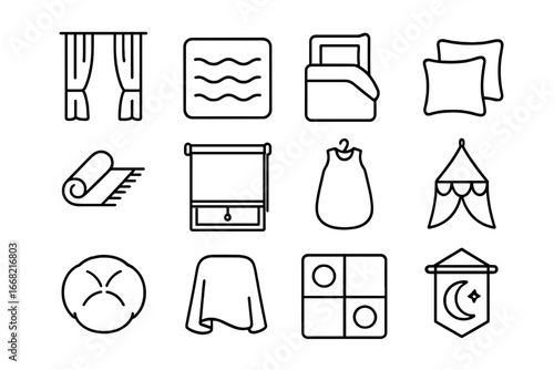 Kids' Room Textiles Icons. Outline icon set of kids’ room textiles: curtains, rugs, bedding sets, cushions,