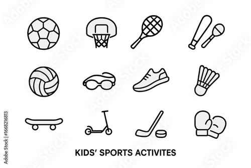 Kids' Sports Icons Grid. Outline icon set of kids’ sports activities: soccer ball, basketball hoop, tennis