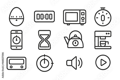 Kitchen Timer Icons. Outline icon set of kitchen timers: egg timer, digital timer, microwave clock, oven dial,