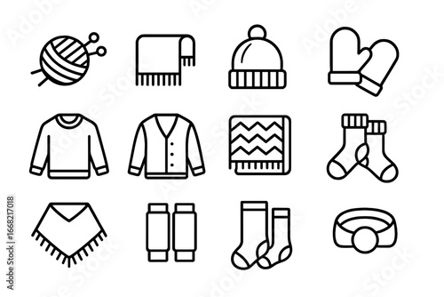 Knitting Icons Grid. Outline icon set of knitting warm items: yarn ball, knitting needles, wool scarf, wool