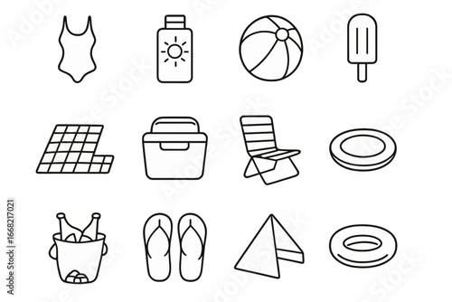 Summer Gear Icons. Outline icon set of summer fun gear: swimsuit, sunscreen, beach ball, popsicle, picnic mat,