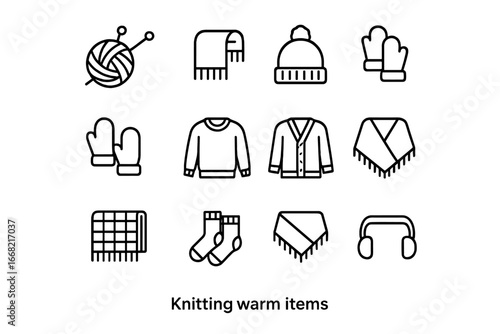 Knitting Icons Grid. Outline icon set of knitting warm items: yarn ball, knitting needles, wool scarf, wool