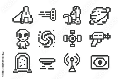 Pixel Sci-Fi Icons. Outline icon set of pixel sci-fi icons: pixel spaceship, laser beam, robot arm, pixel