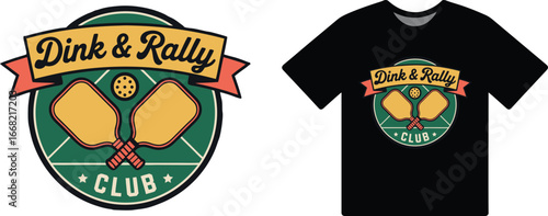 A vintage-style pickleball club logo featuring paddles and text is presented. The logo is suitable for use in any design.