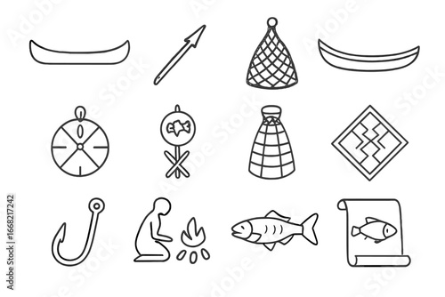 Indigenous Fishing Icons. Outline icon set of indigenous fishing practices: canoe icon, harpoon symbol, tribal