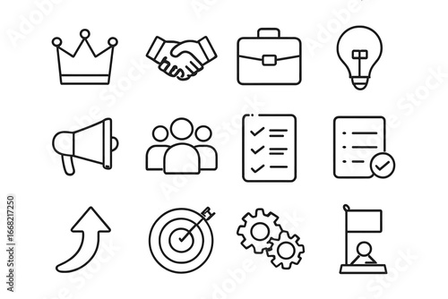 Leadership Skills Icons. Outline icon set of leadership skills: crown, handshake, briefcase, light bulb,