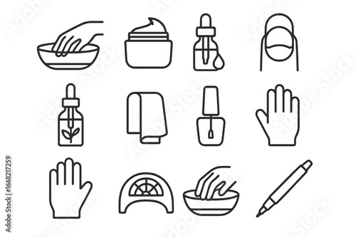 Nail Care Icon Set. Outline icon set of nail care routine: hand soak bowl, moisturizing cream, cuticle oil,