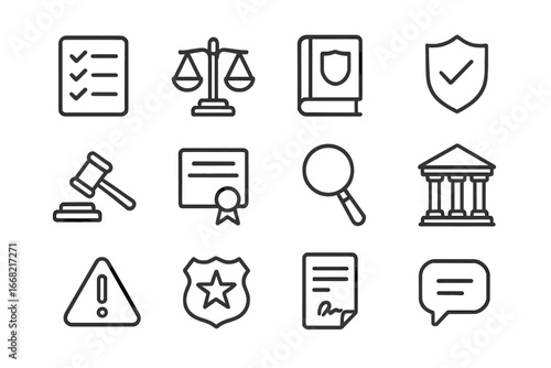 Legal Ethics Icons. Outline icon set of legal ethics and compliance: checklist, scale of justice, law book,
