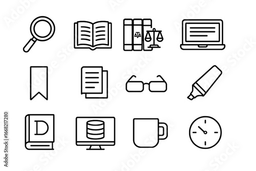 Legal Research Icons. Outline icon set of legal research: magnifying glass, open book, law codes, laptop,