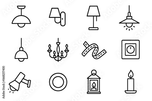 Lighting Icons Grid. Outline icon set of layered lighting design: ceiling light, wall sconce, floor lamp,