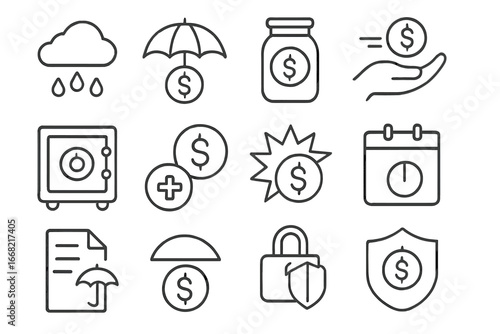 Emergency Fund Icons. Outline icon set of emergency fund planning: rainy day icon, umbrella, savings jar,