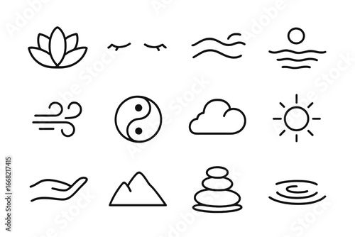 Inner Peace Icons. Outline icon set of inner peace visuals: lotus flower, closed eyes, breath wave, calm lake,