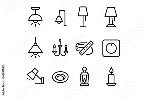 Lighting Icons Grid. Outline icon set of layered lighting design: ceiling light, wall sconce, floor lamp,