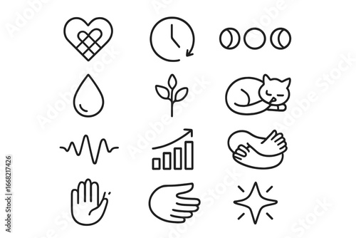 Healing Icons Grid. Outline icon set of healing and restoration: bandage heart, time icon, moon phases,