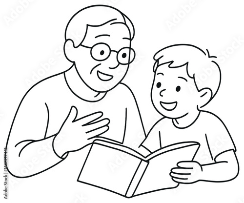Storytime vector illustration: grandfather and child reading together, family bonding concept
