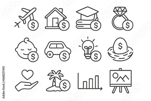 Goal-Based Financial Icons. Outline icon set of goal-based financial planning: travel fund, home down payment,