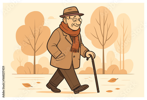 Elderly man walking in autumn park – senior, strolling, fall, nature, leisure concept vector