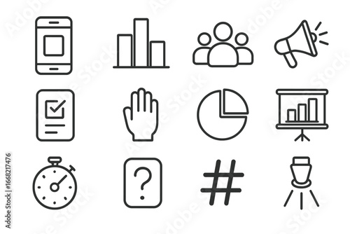 Live Polls Icon Set. Outline icon set of live polls: smartphone, bar chart, audience, megaphone, vote icon,