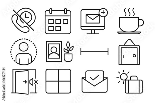 Work Boundaries Icons. Outline icon set of setting boundaries at work: no after-hours icon, office hours