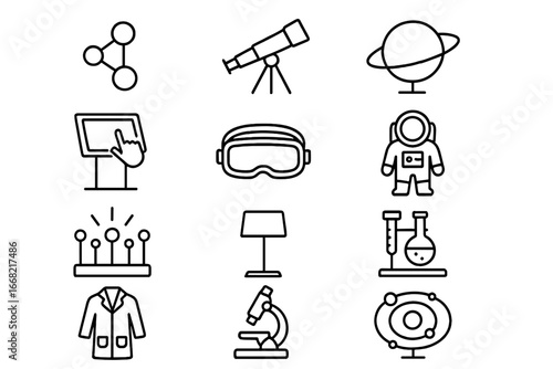 Science Exhibit Icons. Outline icon set of science exhibitions: molecule model, telescope, planet model,
