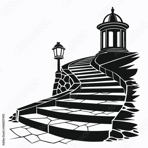 Ancient temple steps with lanterns silhouette