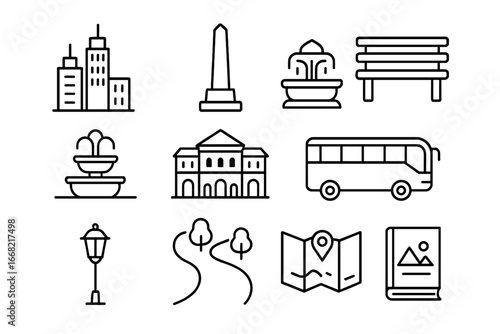 Local Sightseeing Icons. Outline icon set of local sightseeing: city skyline, monument, park bench, fountain,