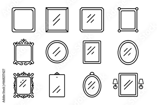 Luxury Mirror Icons. Outline icon set of luxury mirror designs: gold frame mirror, silver frame mirror,