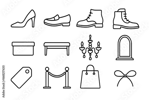 Luxury Shoe Icons. Outline icon set of luxury shoe boutique: high heel, loafer, dress shoe, polished boot,