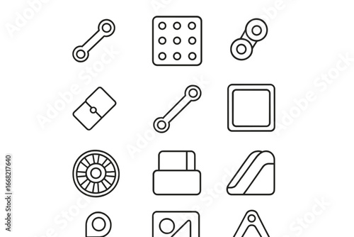 Modular Toys Icons. Outline icon set of modular toys: connector rod, peg board, rotating joint, hinge piece,
