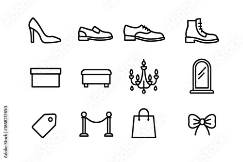Luxury Shoe Icons. Outline icon set of luxury shoe boutique: high heel, loafer, dress shoe, polished boot,