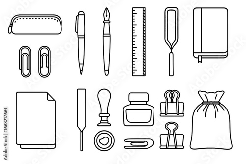 Luxury Stationery Icons. Outline icon set of luxury stationery set: leather pencil case, gold fountain pen,