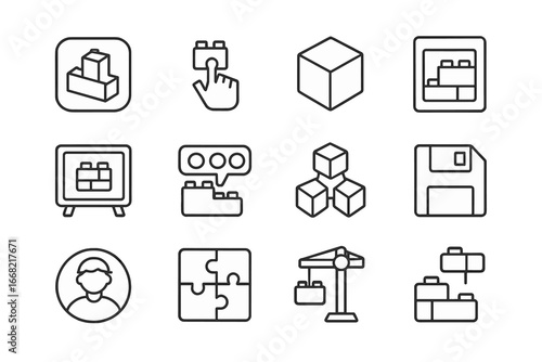 Educational App Icons. Outline icon set of block-based learning apps: app icon, drag-and-drop, virtual cube,