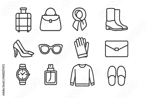 Luxury Travel Icons. Outline icon set of upscale travel wardrobe items: leather suitcase, designer handbag,