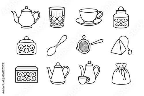 Luxury Tea Icons. Outline icon set of luxury tea accessories: silver teapot, crystal glass, porcelain cup,