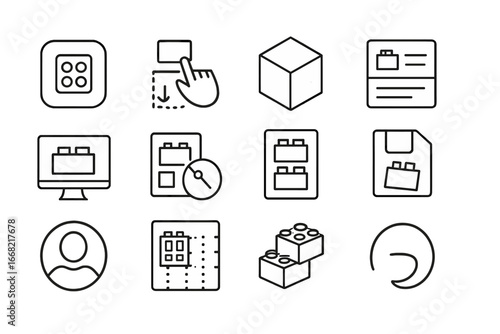 Educational App Icons. Outline icon set of block-based learning apps: app icon, drag-and-drop, virtual cube,