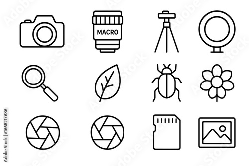Macro Photography Icons. Outline icon set of macro photography: camera, macro lens, tripod, ring light,