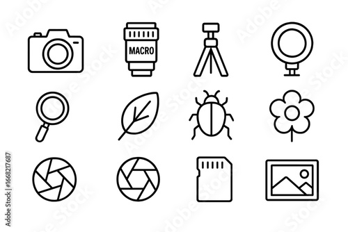 Macro Photography Icons. Outline icon set of macro photography: camera, macro lens, tripod, ring light,
