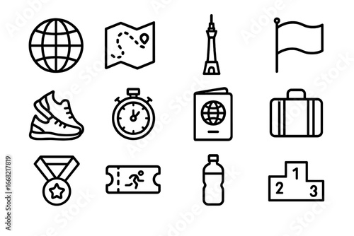Marathon Icon Collection. Outline icon set of international marathons: globe, race map, landmark tower, flag,