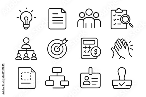 Project Initiation Icons. Outline icon set of project initiation: idea bulb, project charter, team formation,