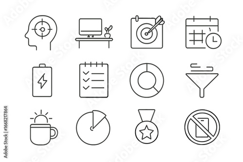 Productivity Booster Icons. Outline icon set of productivity boosters: focus icon, minimal workspace, goal