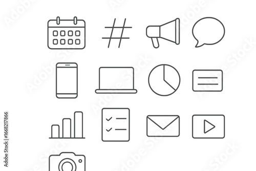 Marketing Icon Set. Outline icon set of marketing calendar with social channels: calendar, hashtag, megaphone,