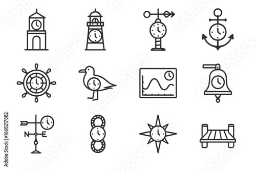 Maritime Port Icon Set. Outline icon set of maritime port clocks: harbor clock tower, lighthouse with clock,